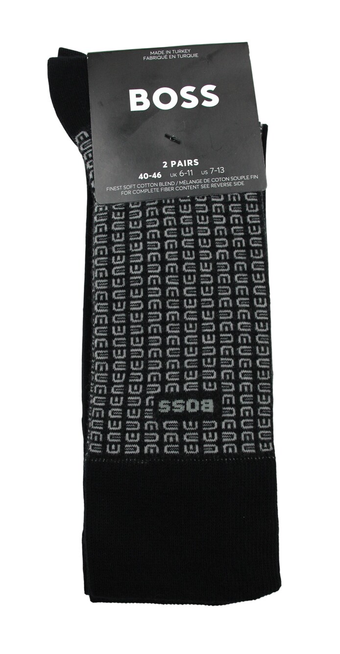 Boss Socks Mens 7-13 Black Solid& Geometric Dress 2 Pack Mid Calf Organic Cotton